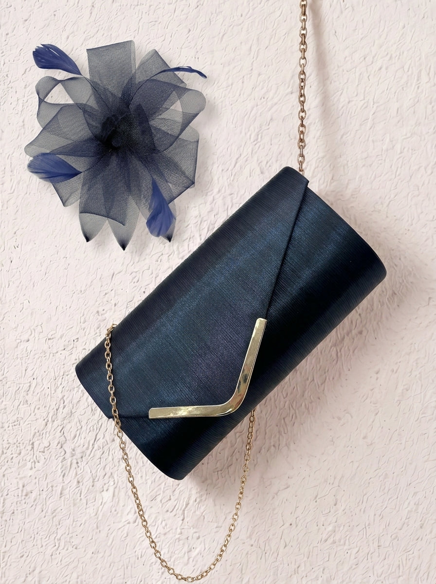 Textured Clutch Bag and Mesh Elegant Mesh Bow Fascinator Navy Set