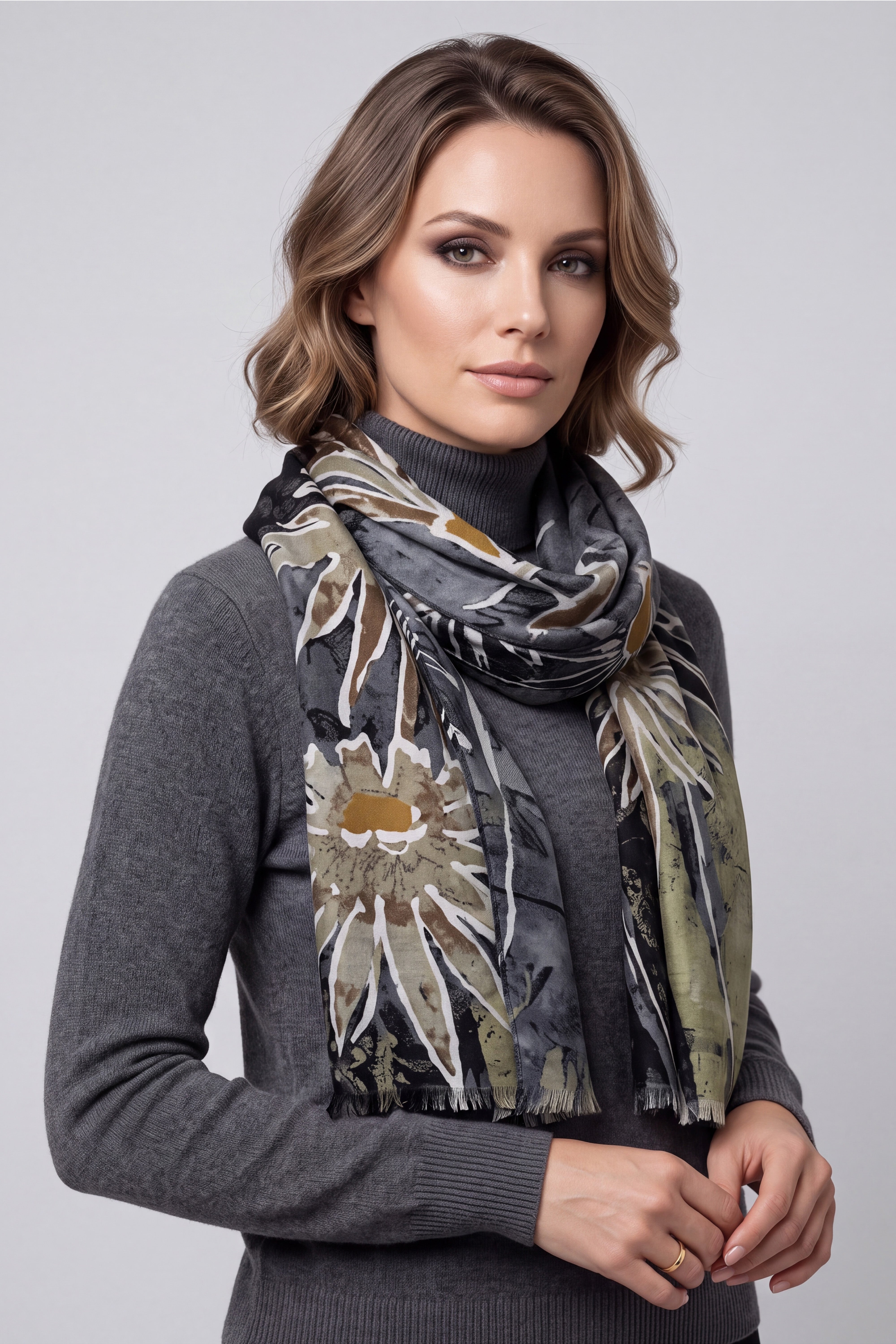 Women’s Floral Print Lightweight Scarf with Frayed Edges