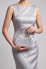 Pleated Satin Evening Bag with Gold Ring Handle