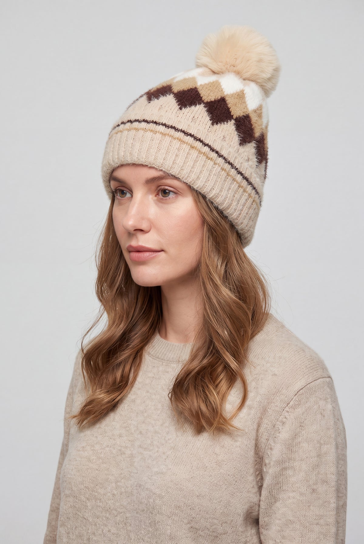 Colourful Diamond-Shaped Pom Pom Hat