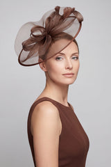 Women’s Mesh Disc Fascinator with Feather Trim, Loop Bow & Headband