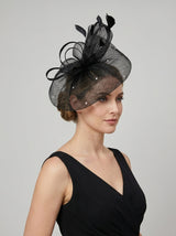 Curled Sinamay Bow Fascinator with Feather Trim Diamonds