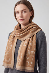 Women’s Playful Cat Motif Scarf with Contrast Border and Fringe