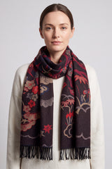 Galaxy of Flowers Print Wool-Blend Scarf with Tassels