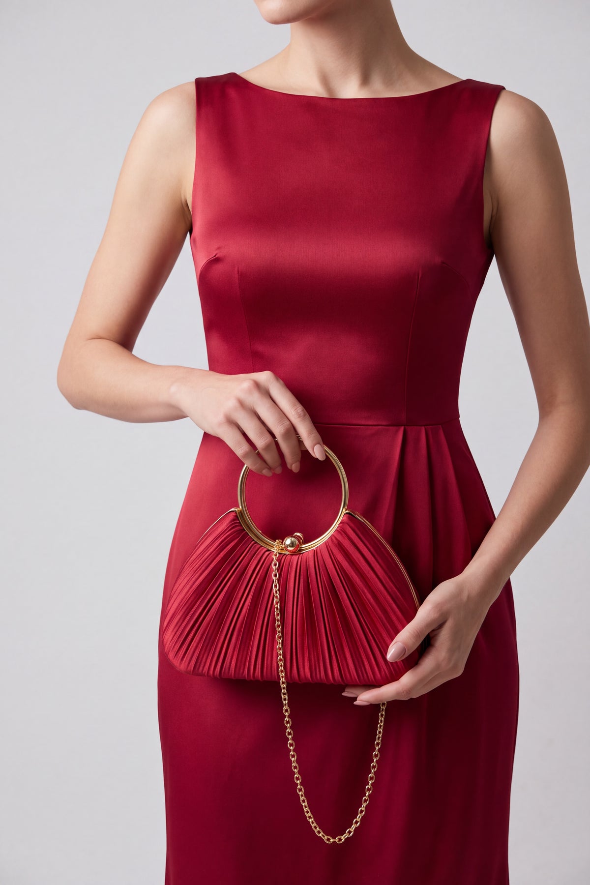 Pleated Satin Evening Bag with Gold Ring Handle