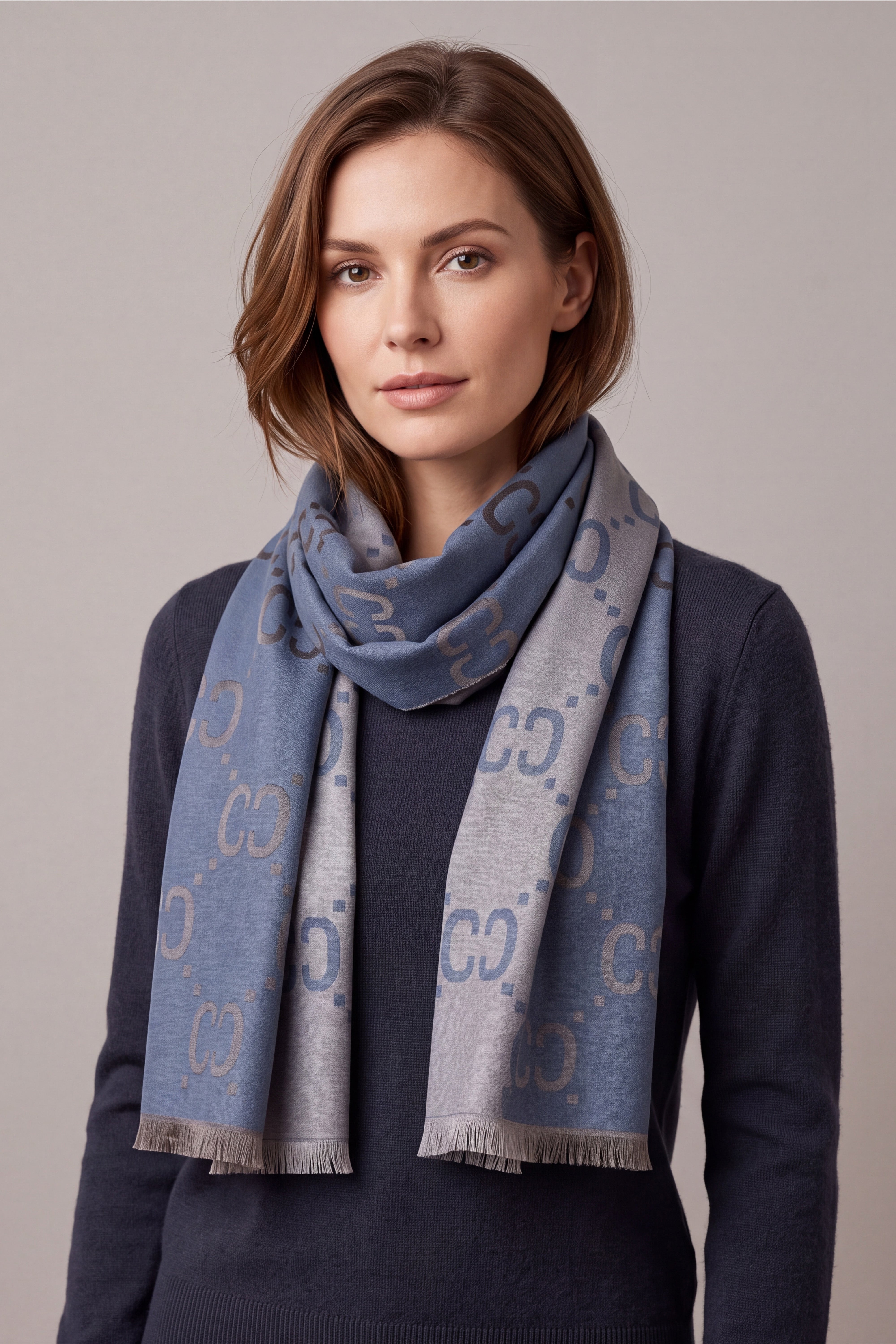 Women’s Reversible Monogram Pattern Scarf with Fringed Trim
