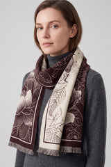 Women’s Botanical Floral Reversible Scarf with Fringed Trim