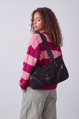 Women’s Suede-Look Shoulder Bag with Buckle Pocket Detail