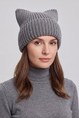 Women’s Ribbed Knit Turn-Up Cat Ear Beanie Hat