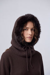 Women’s Faux Fur Trim Knitted Hood Scarf with Tie Fastening