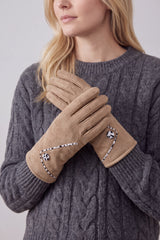 Women’s Faux Suede Animal Print Trim Button Gloves