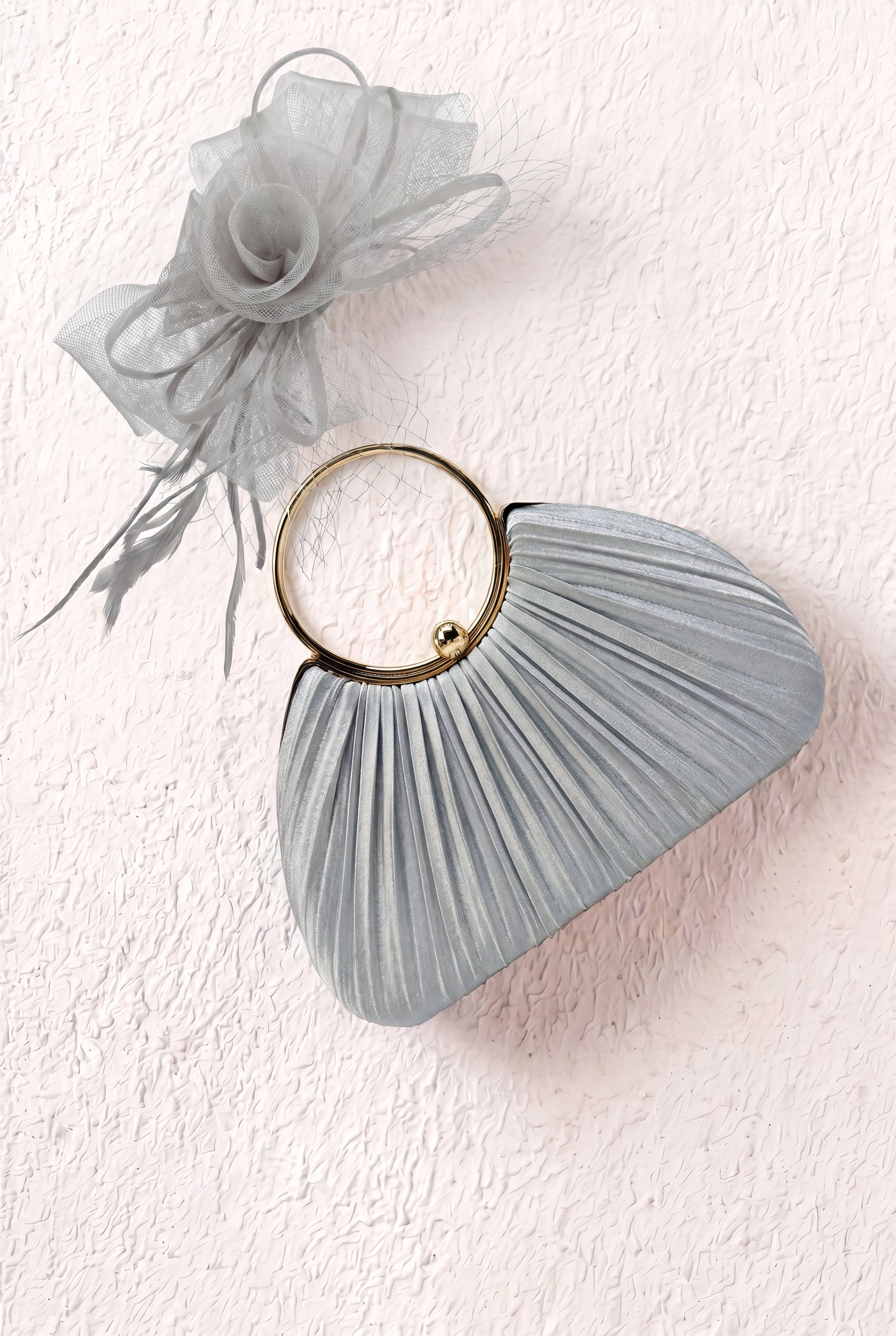 Pleated Satin Evening Bag & Fascinator Set Sliver
