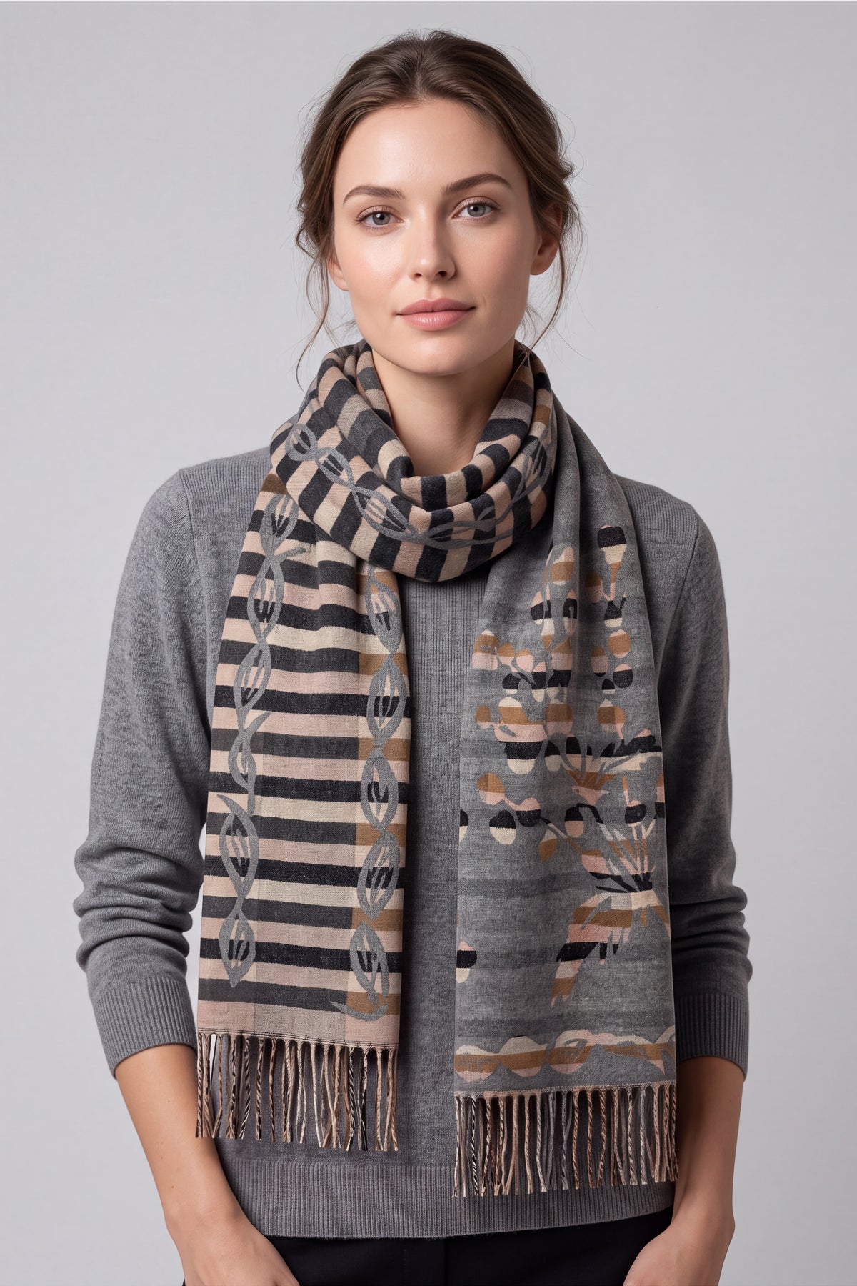 Women’s Abstract Floral & Stripe Tassel Scarf