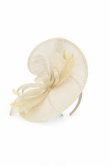 Women’s Oversized Mesh Disc Fascinator Hat with Feather Trim & Loop Bow Headband