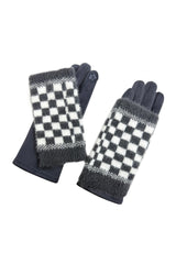 2 Piece -Plain Knit & Check Pattern Fingerless Overlay Gloves