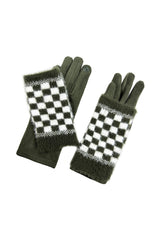2 Piece -Plain Knit & Check Pattern Fingerless Overlay Gloves