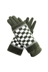 2 Piece -Plain Knit & Check Pattern Fingerless Overlay Gloves