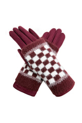 2 Piece -Plain Knit & Check Pattern Fingerless Overlay Gloves