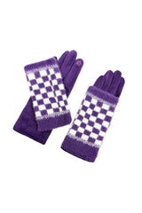2 Piece -Plain Knit & Check Pattern Fingerless Overlay Gloves