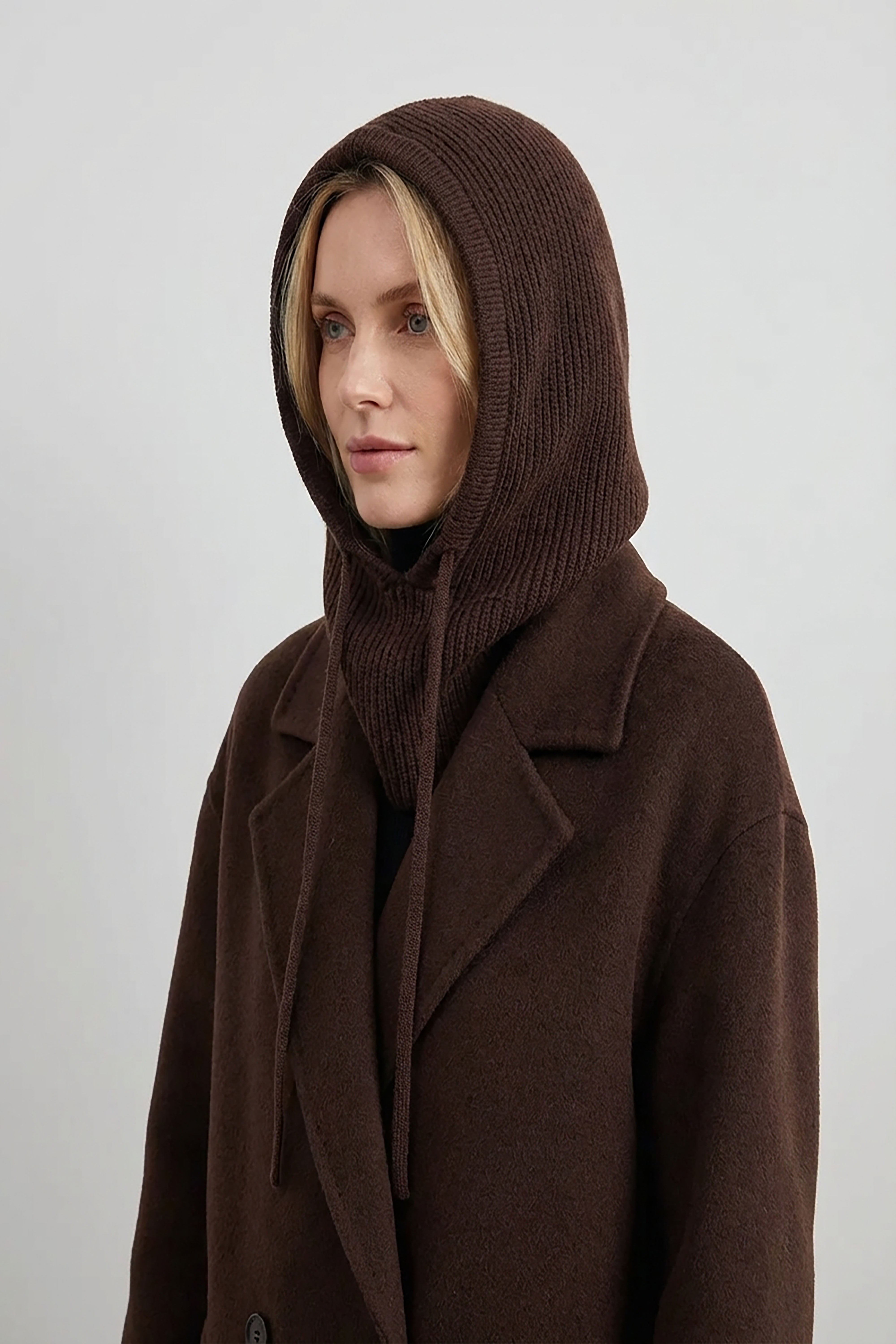 Soft Plain Knitted Balaclava Hood-2-in-1 Hat and Scarf