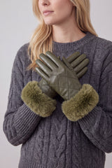 Women’s Faux Leather Diamond Stitch Faux Fur Cuff Glove