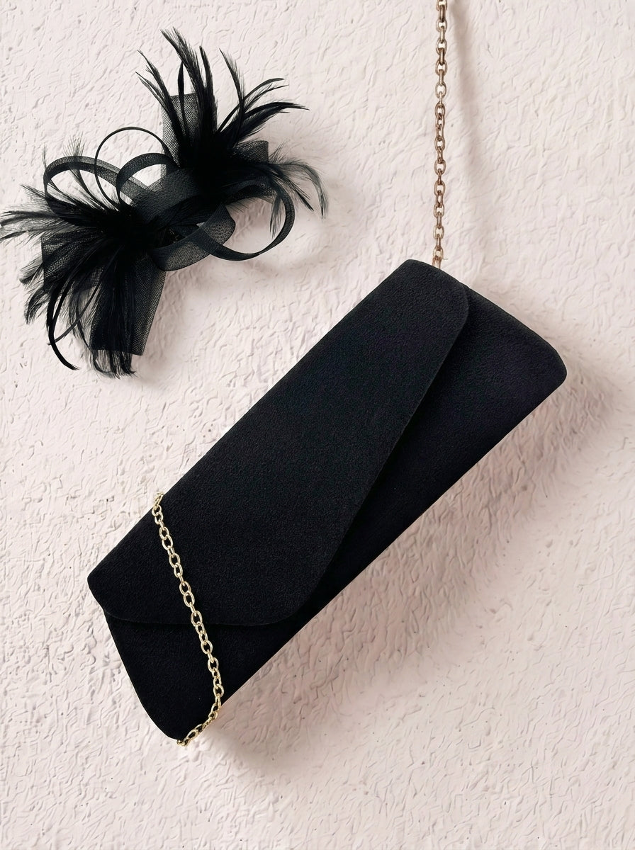 Satin Envelope Clutch Bag and Feather Fascinator Occasion Black Set