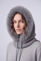 Women’s Faux Fur Trim Knitted Hood Scarf with Tie Fastening