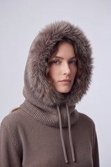 Women’s Faux Fur Trim Knitted Hood Scarf with Tie Fastening