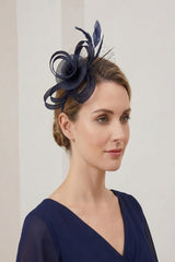 Looped Sinamay Bow Fascinator with Feather & Net Detail