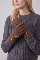 Women’s Faux Suede Animal Print Trim Button Gloves