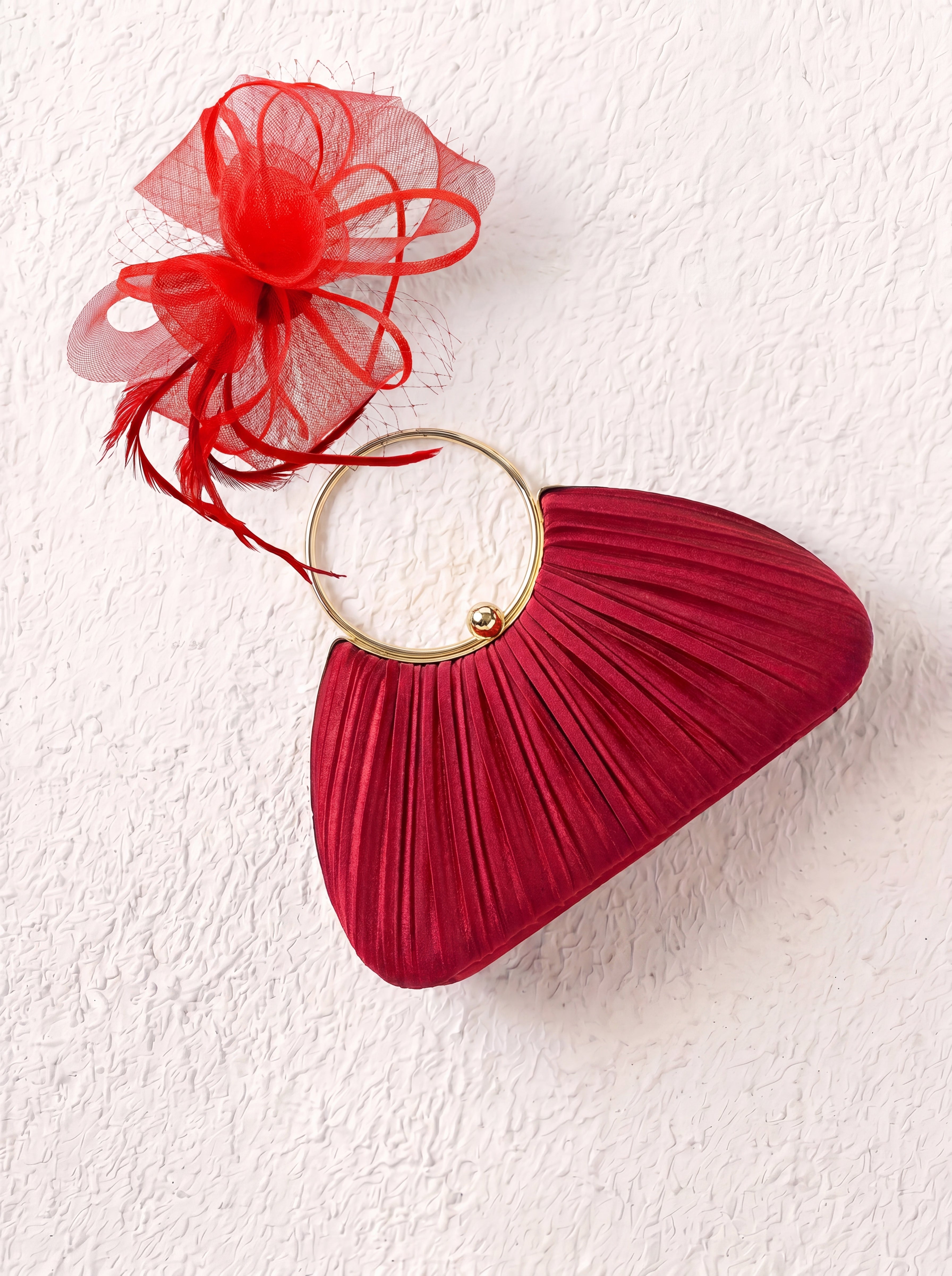 Pleated Satin Evening Bag & Fascinator Set Red