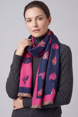 Women’s Reversible Floral Print Contrast Border Fringed Scarf