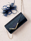 Textured Envelope Clutch Bag with Gold Chain & Feather Fascinator Navy Set