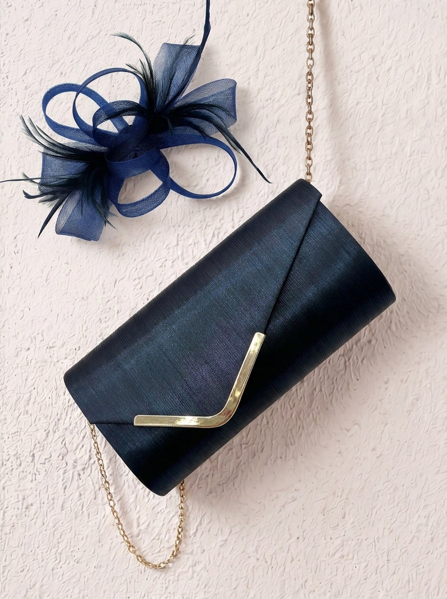 Textured Envelope Clutch Bag with Gold Chain & Feather Fascinator Navy Set