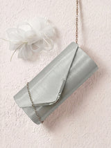 Textured Envelope Clutch Bag with Gold Chain & Feather Fascinator White Set