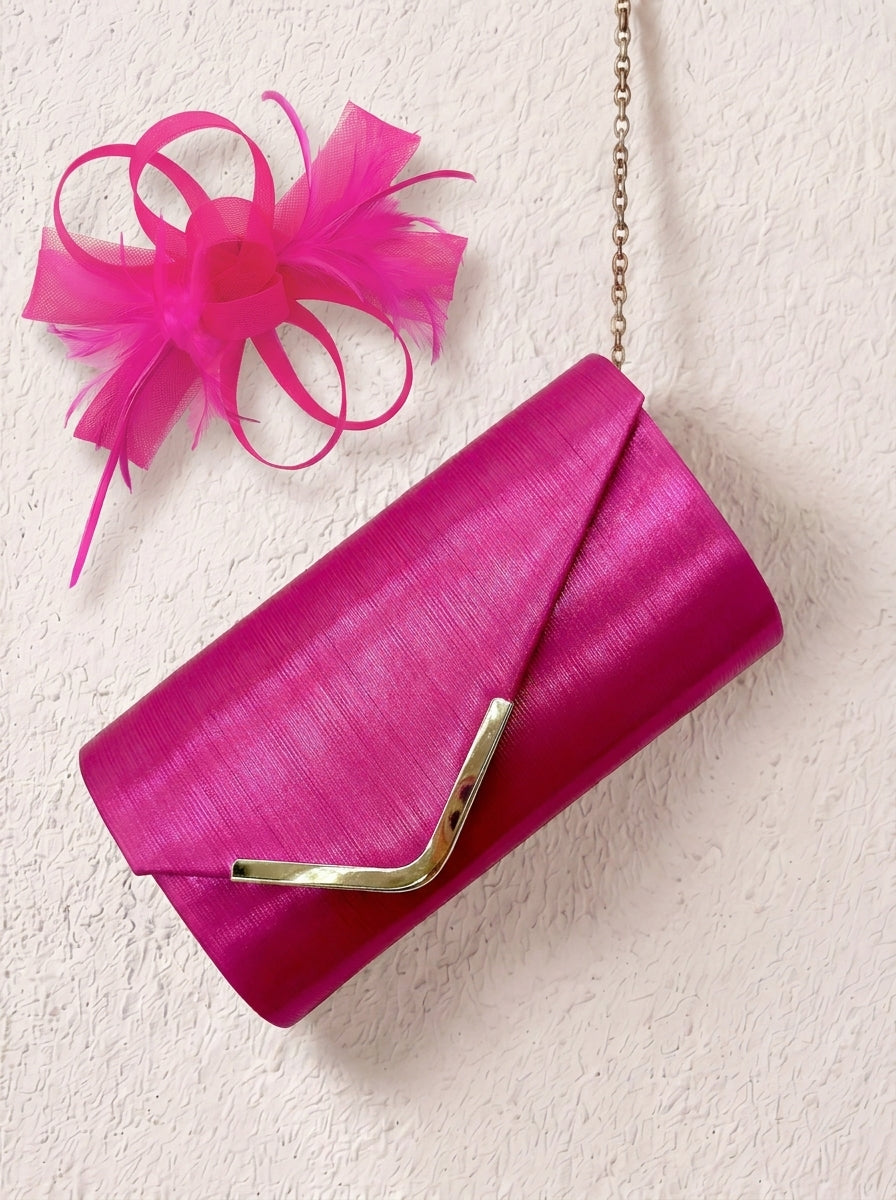 Textured Envelope Clutch Bag with Gold Chain & Feather Fascinator Fuchsia Set