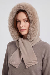 Women's Acrylic Blend Knitted Hooded Scarf with Faux Fur Trim