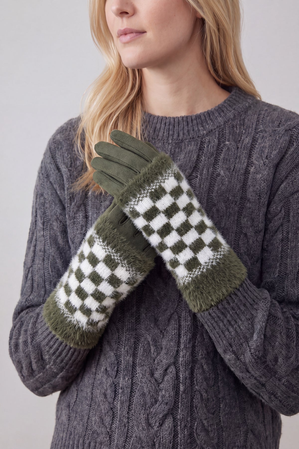 2-Piece Plain Knit & Check Pattern Fingerless Overlay Gloves