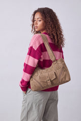 Women’s Suede-Look Shoulder Bag with Buckle Pocket Detail