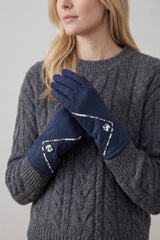 Women’s Faux Suede Animal Print Trim Button Gloves