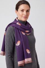Robin Bird Print Scarf with Contrast Border and Fringed Trim