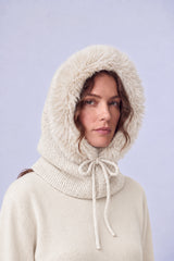 Women’s Faux Fur Trim Knitted Hood Scarf with Tie Fastening