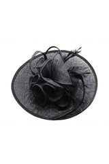 Elegant Wide Brim Sinamay Fascinator Hat with Feather & Floral Trim – Wedding Race Day Headpiece