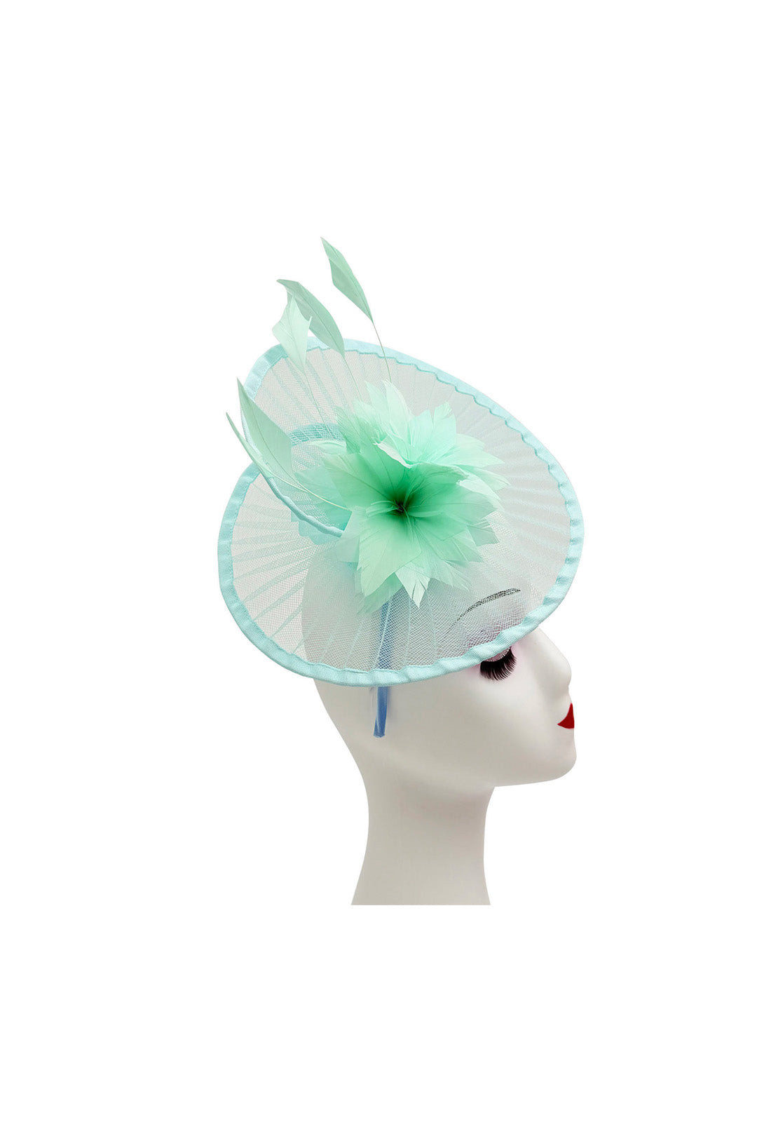 Classic Disc Fascinator with Feather Flower Detail BabyBlue Mint