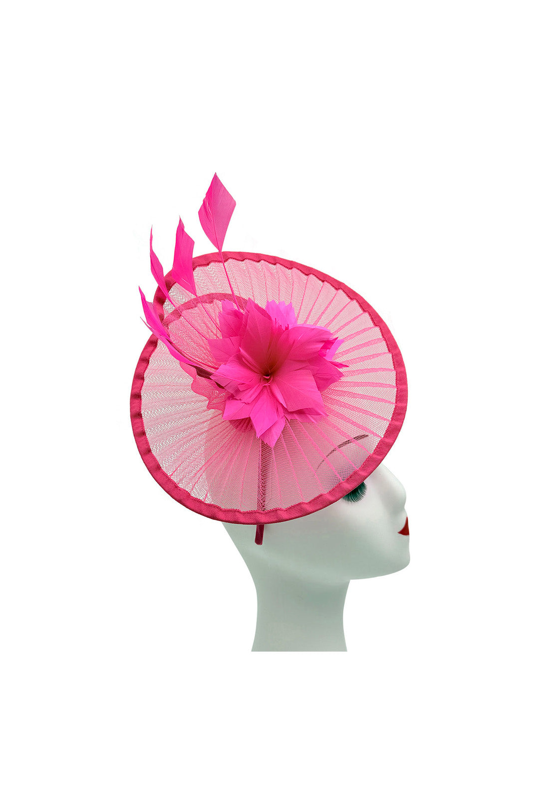 Classic Disc Fascinator with Feather Flower Detail Fuchsia