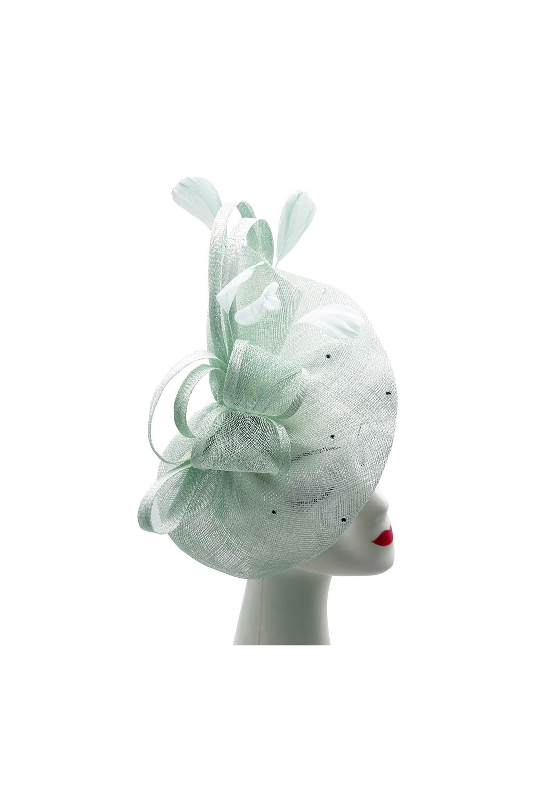 Curled Sinamay Bow Fascinator with Feather Trim Diamonds Mint