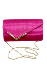 Textured Envelope Clutch Bag with Gold Chain & Feather Fascinator Fuchsia Set