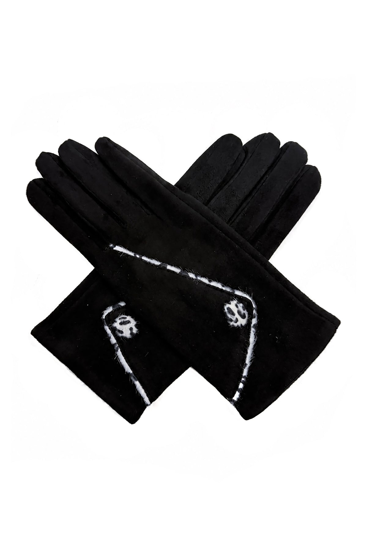 Women’s Faux Suede Animal Print Trim Button Gloves