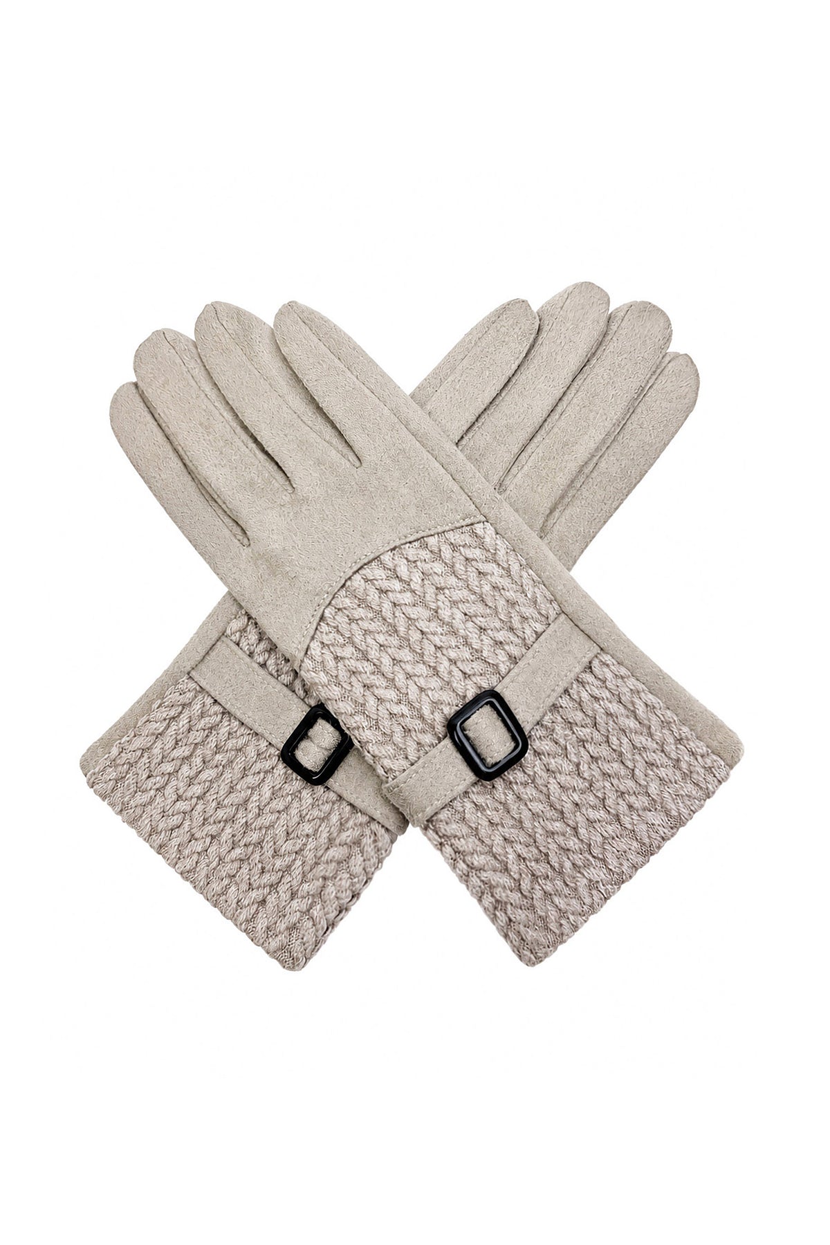 Women’s Faux Suede Textured Panel Buckle Detail Touchscreen Gloves