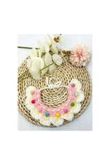 Pink cream crochet pet collar with pom poms, adjustable fit
